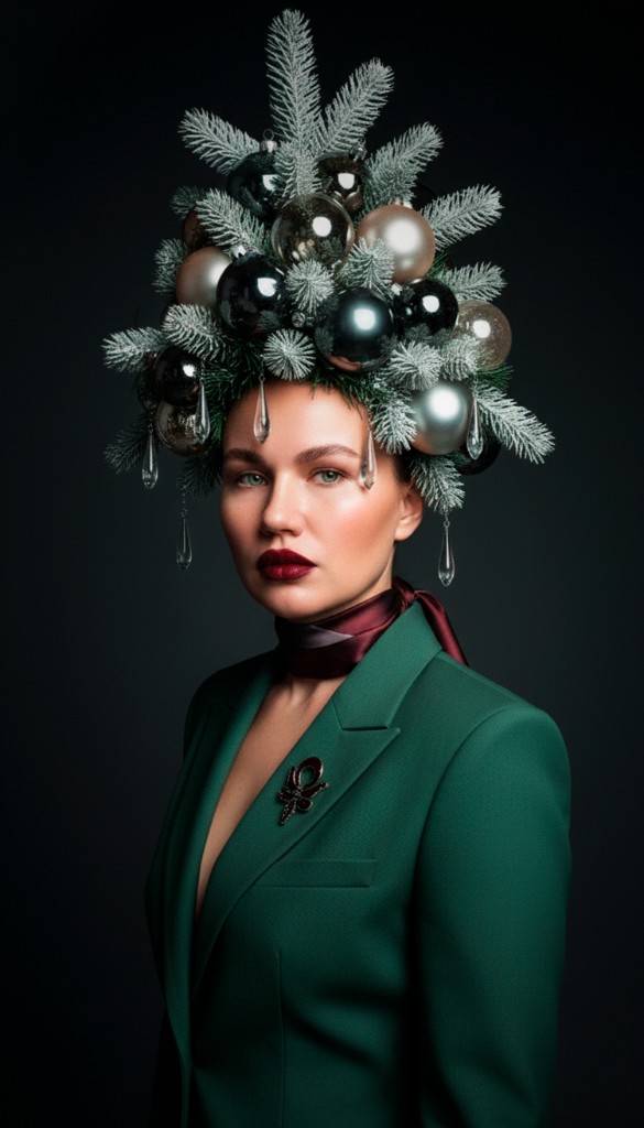 ИИ-портрет: новогодний образ с ёлкой и шарами на голове