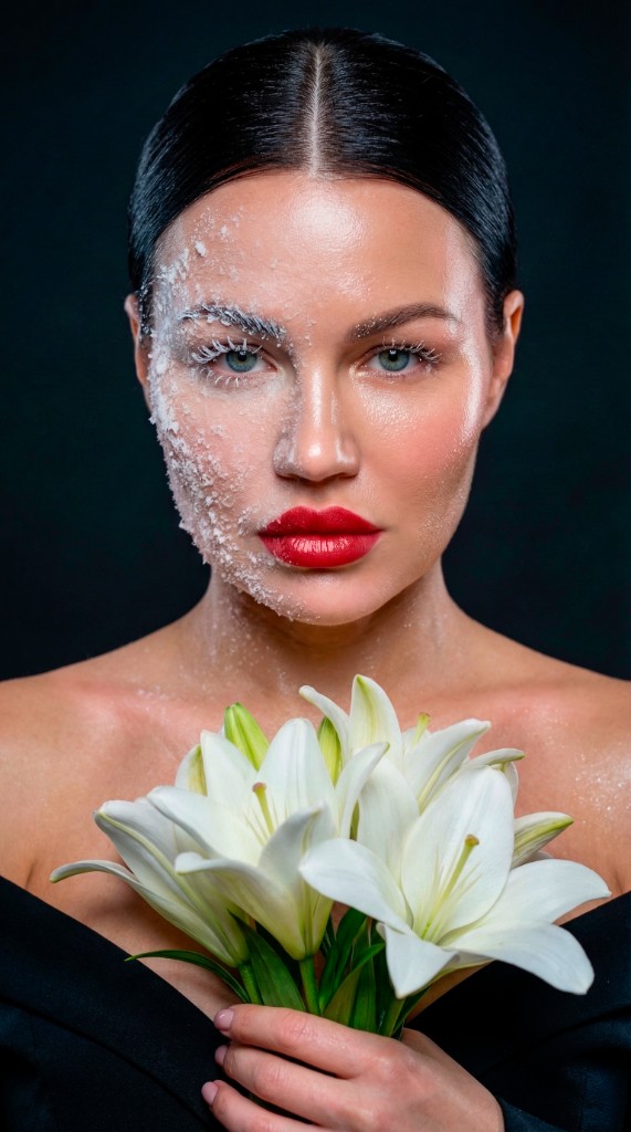 ИИ-портрет: контрастный макияж со снегом и лилии на чёрном фоне