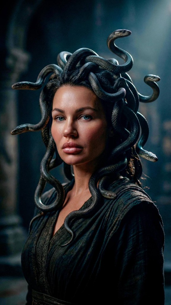 ИИ-портрет: Медуза со змеями в волосах, драматичный свет