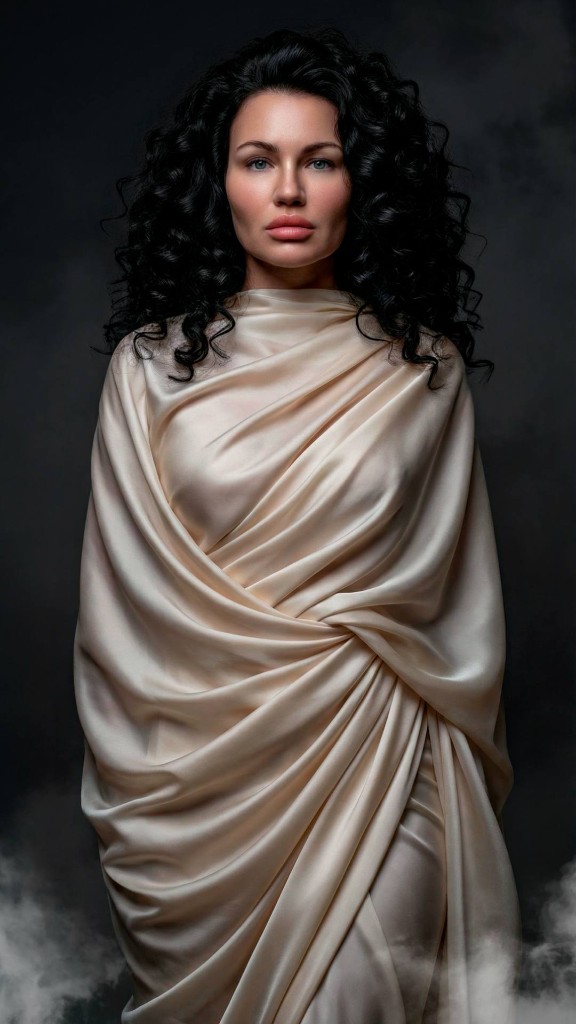 ИИ-портрет: кудри и драпировка из атласа, дым на фоне